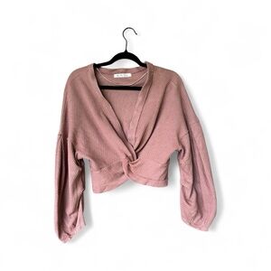 We The Free Free People Pink Thermal Waffle Knit Twist Front Cropped Top Small